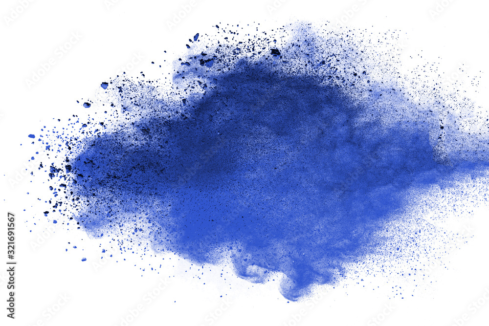 Closeup of blue dust particle splash isolated on white  background