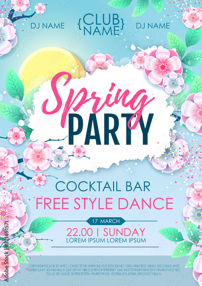 Spring party poster with full blossom flowers. Spring flowers background