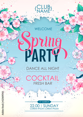 Spring party poster with full blossom flowers. Spring flowers background