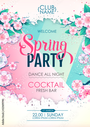 Obraz na płótnie Spring party poster with full blossom flowers. Spring flowers background
