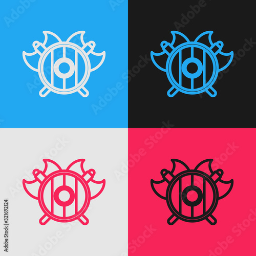 Color line Medieval shield with crossed axes icon isolated on color background. Battle axe, executioner axe. Vintage style drawing. Vector Illustration