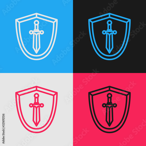 Color line Medieval shield with sword icon isolated on color background. Vintage style drawing. Vector Illustration