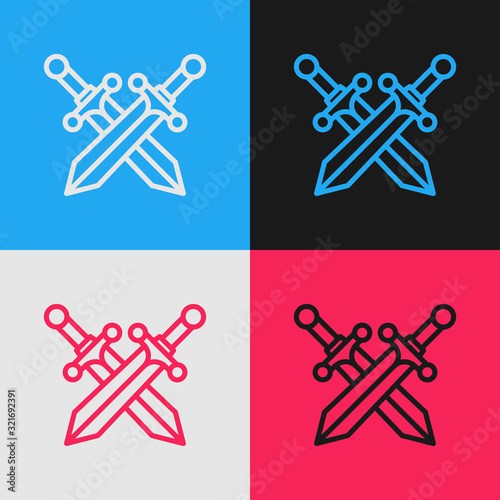 Color line Crossed medieval sword icon isolated on color background. Vintage style drawing. Vector Illustration