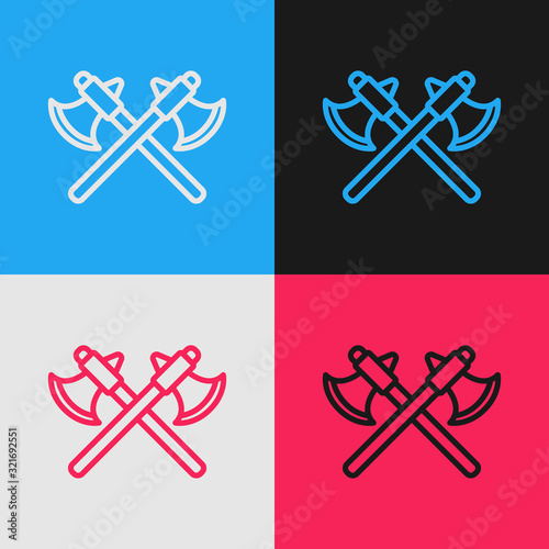 Color line Crossed medieval axes icon isolated on color background. Battle axe, executioner axe. Vintage style drawing. Vector Illustration