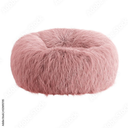 Pink fluffy round pouf on an isolated background. 3D rendering