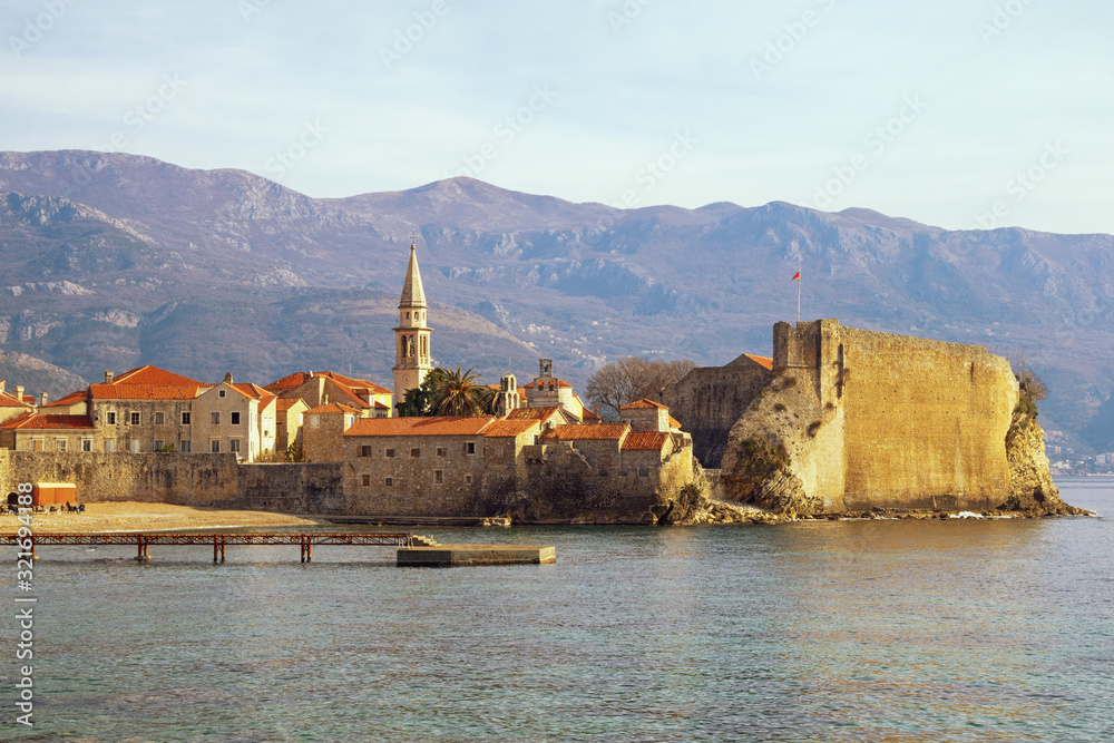 Beautiful winter Mediterranean landscape. Montenegro, Adriatic Sea. View of Old Town of Budva