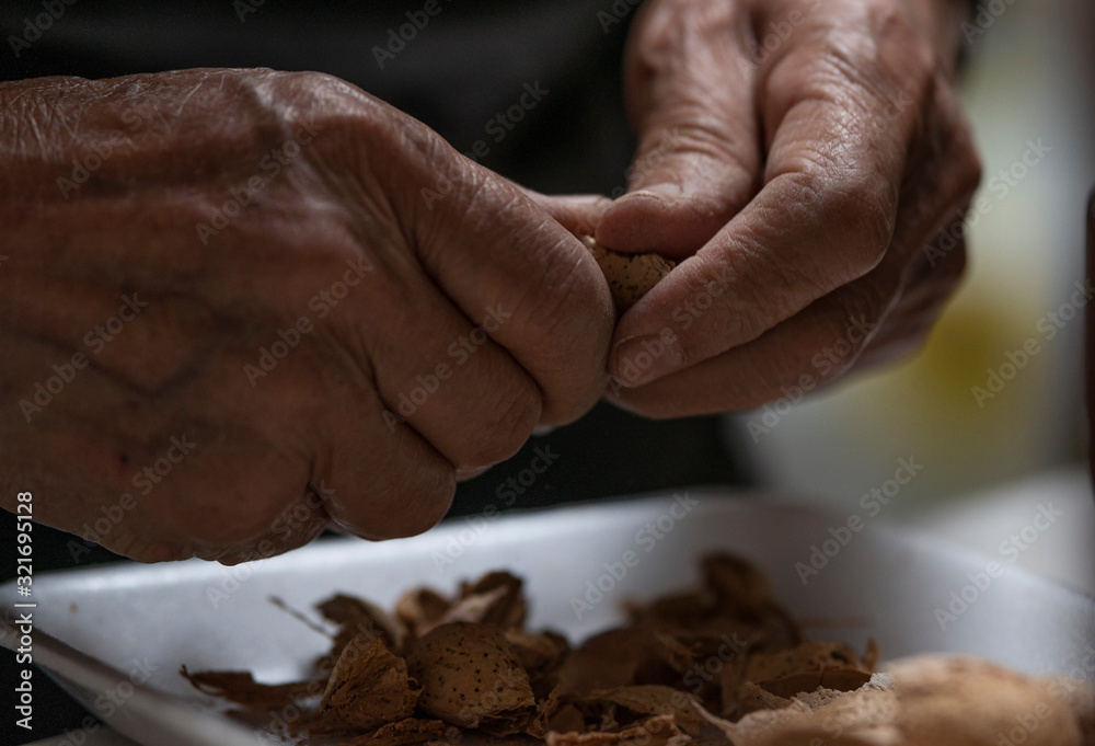 senior man's hands peeling almonds