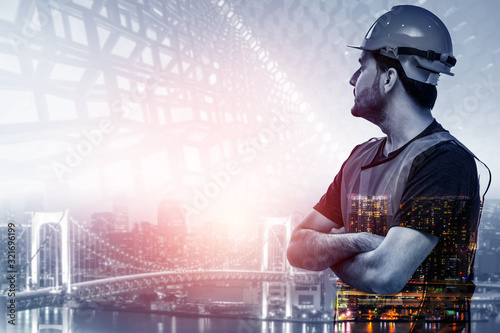 Future building construction engineering project concept with double exposure graphic design. Building engineer, architect people or construction worker working with modern civil equipment technology. photo