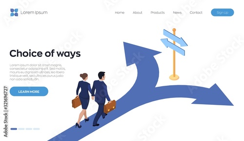 Choice process. Direction choose options, solution, decision. A businessman and businesswoman with a briefcase in hand is walking along the road to a crossroads. Isometric vector illustration.