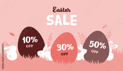 Happy Easter banner with bunny, flowers and eggs. Egg hunt poster. Spring background, vector illustration 