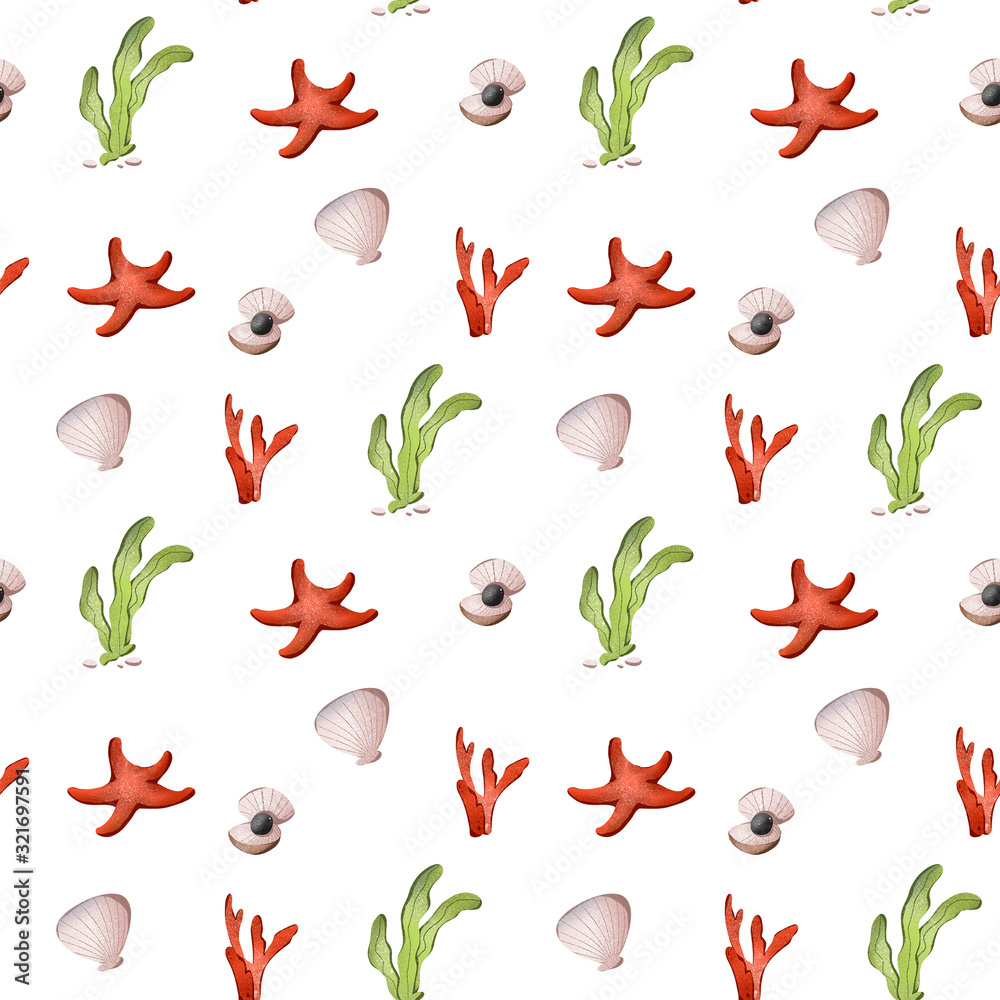 Naklejka premium Digital children's book illustration pattern of seaweed, corals, shells, starfish on a white background. Print for fabrics, cards, banners, posters, clothes.