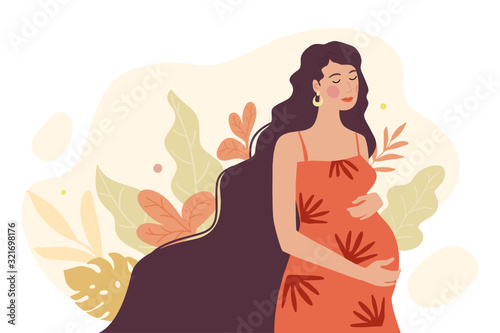 Motherhood. Pregnant woman character. Happy expectant mother. Vector illustration of a flat design