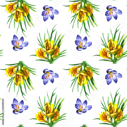 Watercolor spring flowers crocuses yellow and purple. Seamless pattern