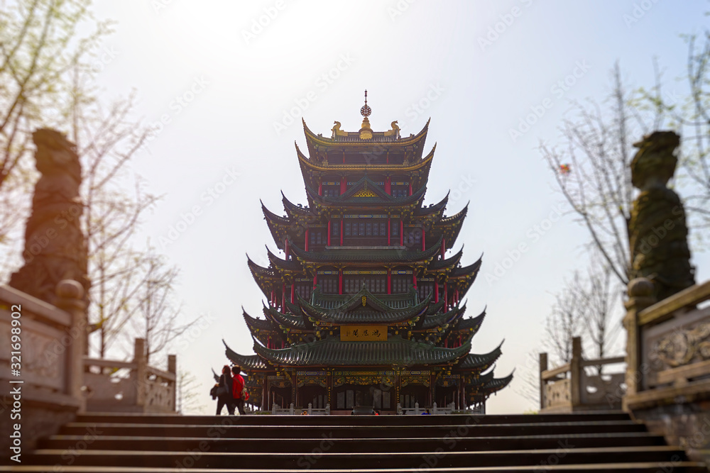 Chongqing, China - March 22, 2018: Tilt Shift Effect. Spring. Hongensi forest park. Central Hongen Temple in the Chinese city of Chongqing. Chongqing, China - March 22, 2018: Tilt Shift Effect. Spring. Hongensi forest park. Central Hongen Temple in the Chinese city of Chongqing.