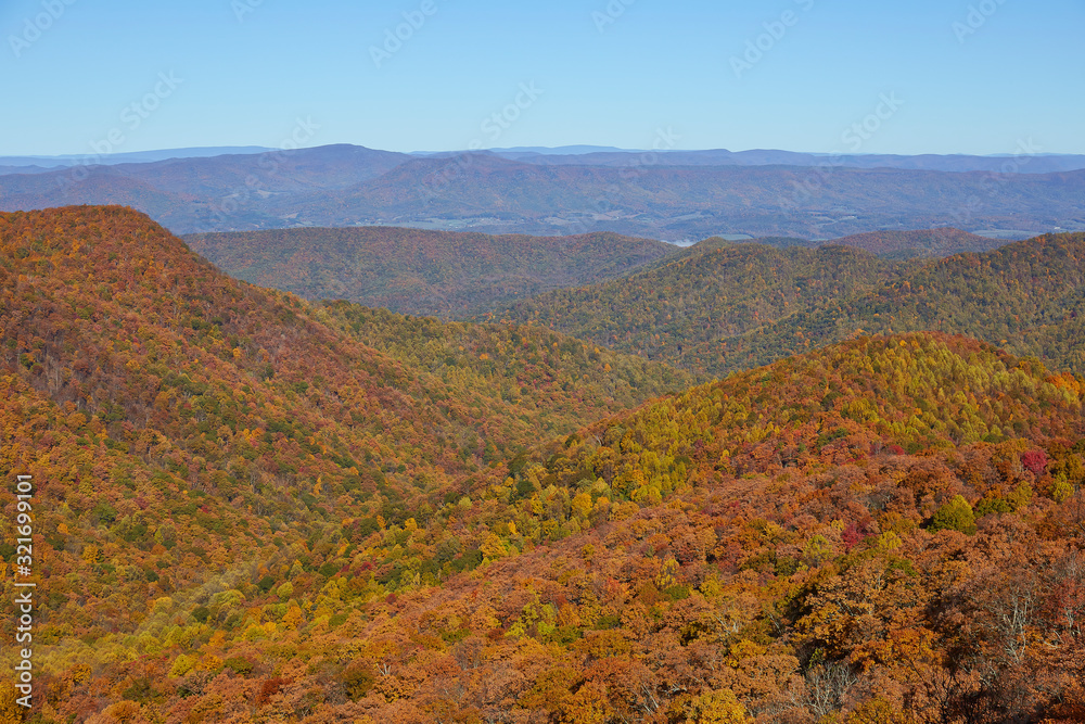 Autumn view of the Blue Ridge and Allegheny mountains from the Appalachian Trail northeast of Roanoke, Virginia