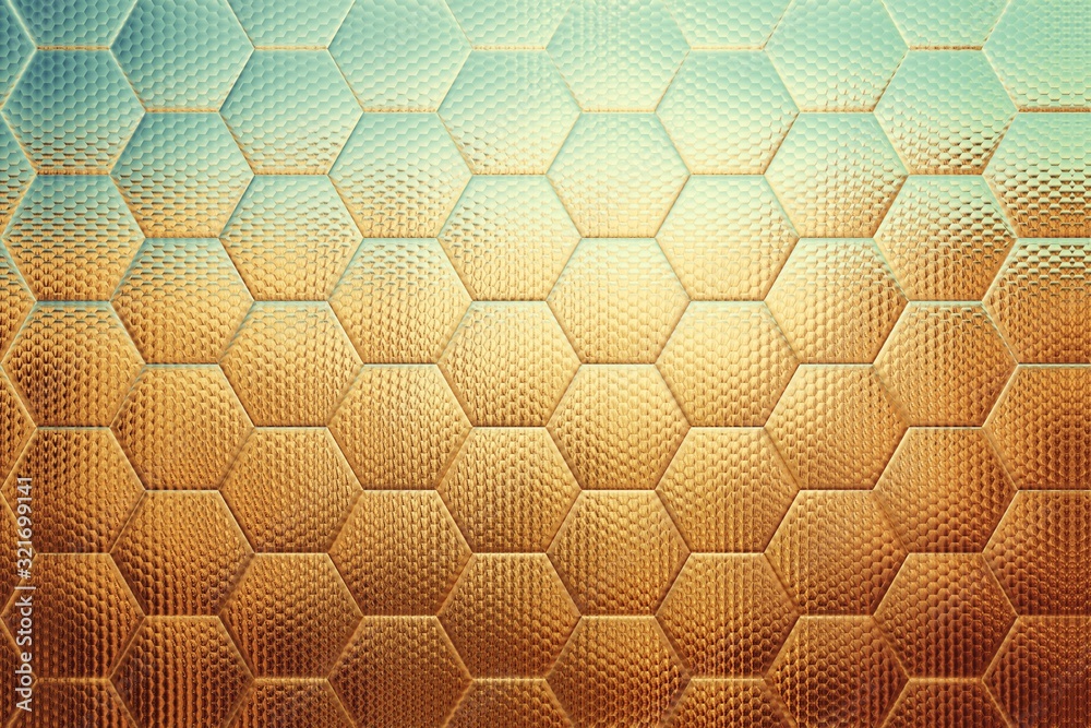 3d illustration of shiny textured and hexagonal patterned surface background. Beauty and fashion concept, luxury style cover design.