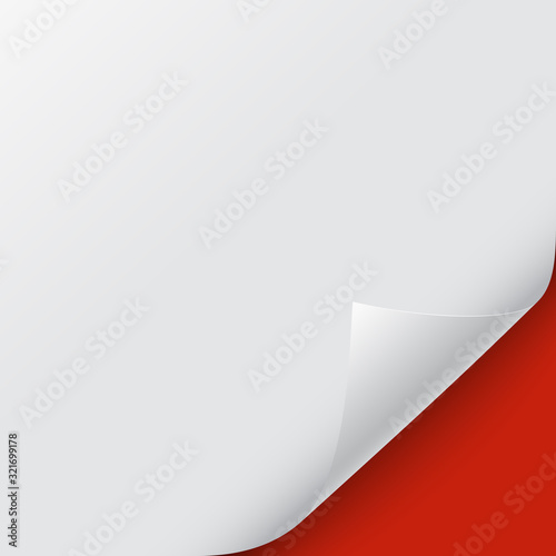 Curled white paper corner with red background. Curved page corner with shadow. Page curl with shadow on a blank sheet of paper, design element for advertising and promotional message.