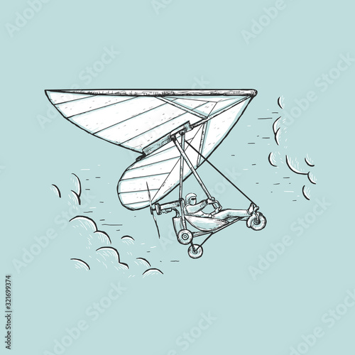 Sketch vector color illustration with man flying on hang glider and clouds. Design on a blue background for t-shirt print, cover, poster, bannerечать