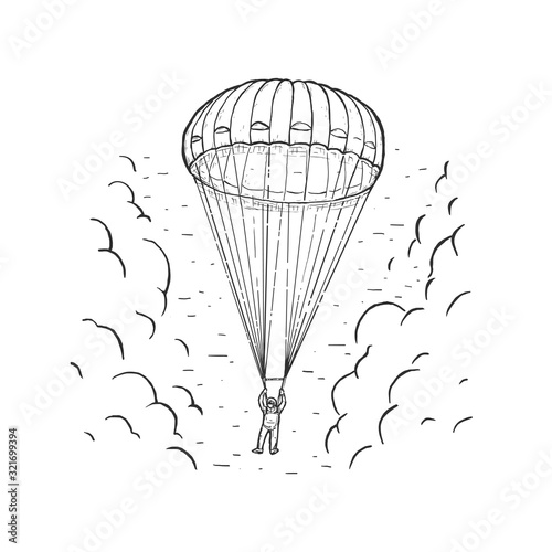 Sketch vector color illustration with hand drawn skydiver flying with a parachute. Paragliding in sky