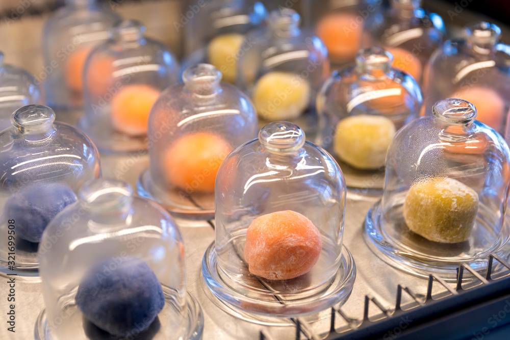 Japanese traditional dessert rice flour mochi with various fillings on a display case