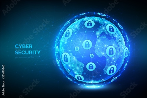Cyber security. Earth globe illustration. Abstract polygonal planet. Information protect and Security of Safe concept. Illustrates cyber data security or network security idea. Vector illustration.