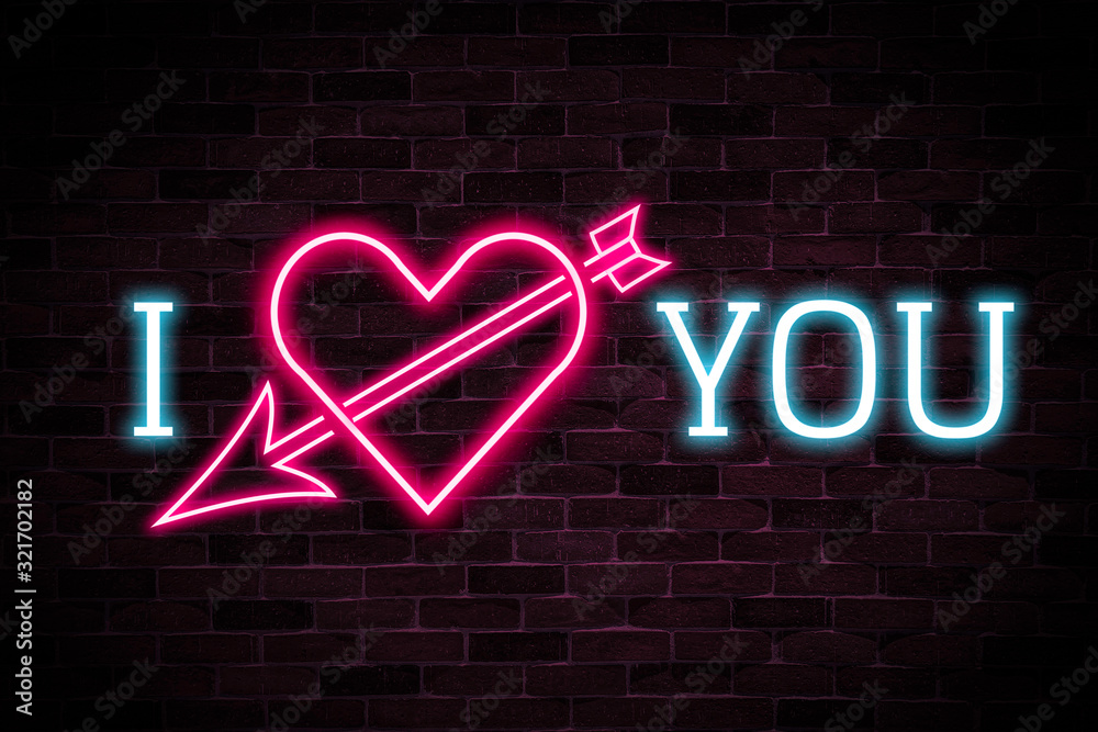 Φωτογραφία I love you neon banner on brick wall background, advertising text, sale promotion,luminous signboard, nightly