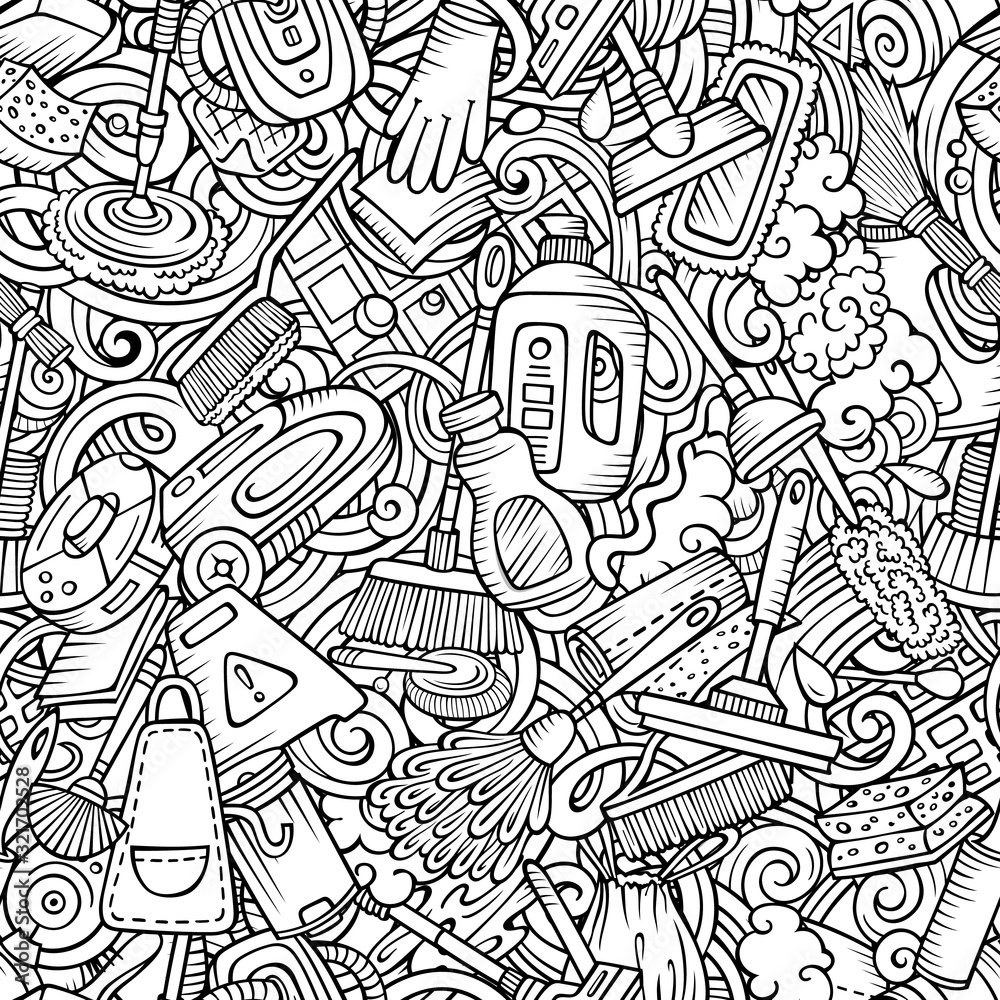 Cartoon cute doodles hand drawn Cleaning seamless pattern
