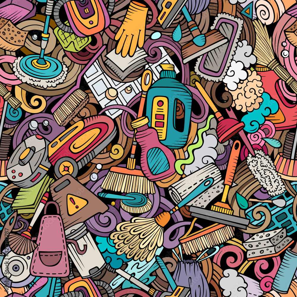 Cartoon cute doodles hand drawn Cleaning seamless pattern Cartoon cute doodles hand drawn Cleaning seamless pattern