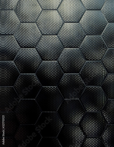 3d illustration of black and white hexagonal textured metallic surface background.