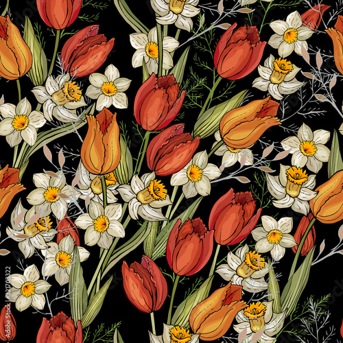 Seamless floral pattern with colorful flowers tulips and daffodils, leaves on  black background. Hand drawn.For textile, fashion, wallpapers, wrapping paper. Vector stock illustration.