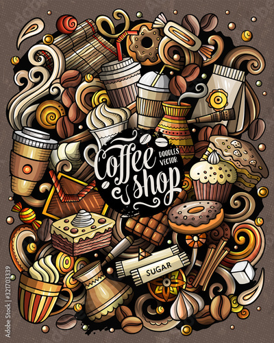 Coffee funny hand drawn vector doodles illustration.