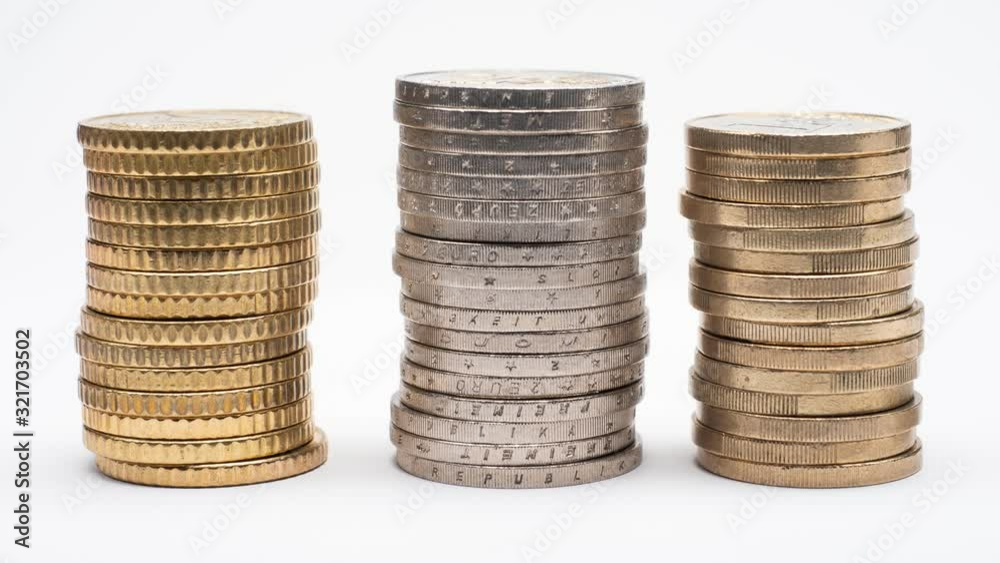Small pink piggy oversees growth of Euro Coins on stack, which are rising on white background and showing business, saving, growth, economic concept. Stop motion 4K VIDEO Small pink piggy oversees growth of Euro Coins on stack, which are rising on white background and showing business, saving, growth, economic concept. Stop motion 4K VIDEO