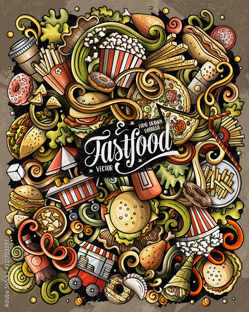 Fastfood hand drawn vector doodles illustration. Fast food poster design.