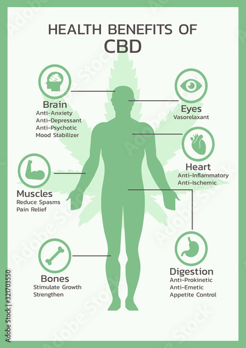 health benefits of CBD or Cannabidiol, Cannabis infographic information concept, hemp. flat vector symbol icon illustration design