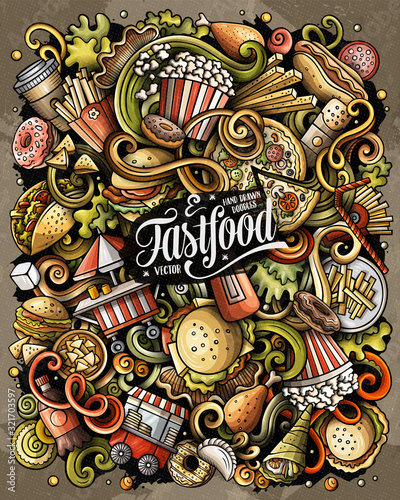 Fastfood hand drawn vector doodles illustration. Fast food poster design.