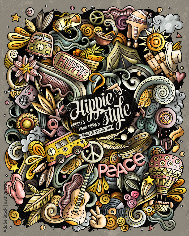 Hippie hand drawn vector doodles illustration. Hippy poster design.