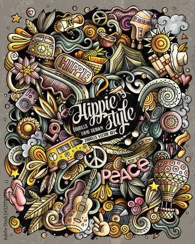 Hippie hand drawn vector doodles illustration. Hippy poster design.