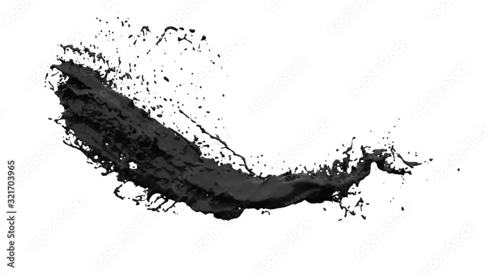 4K slow motion 3D black oil / paint flow with a splashes isolated on a white background with alpha matte 4K slow motion 3D black oil / paint flow with a splashes isolated on a white background with alpha matte
