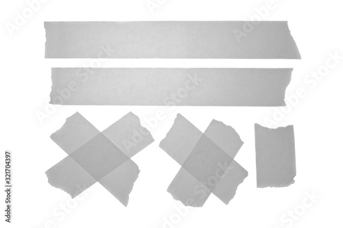 Collection of gray black aged duct tape. Collection of various adhesive tapes. Scotch tape isolated on a white background. Copy space