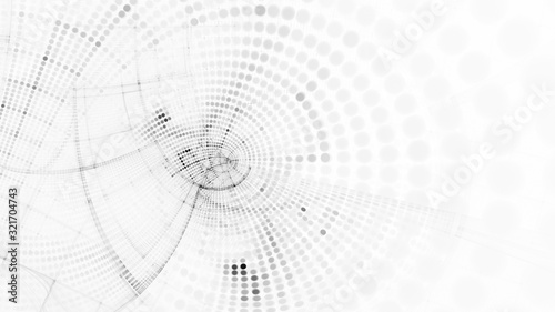 Abstract white and black background element. Fractal graphics 3d illustration. Wide format composition of grid cells and circles. Information technology concept.