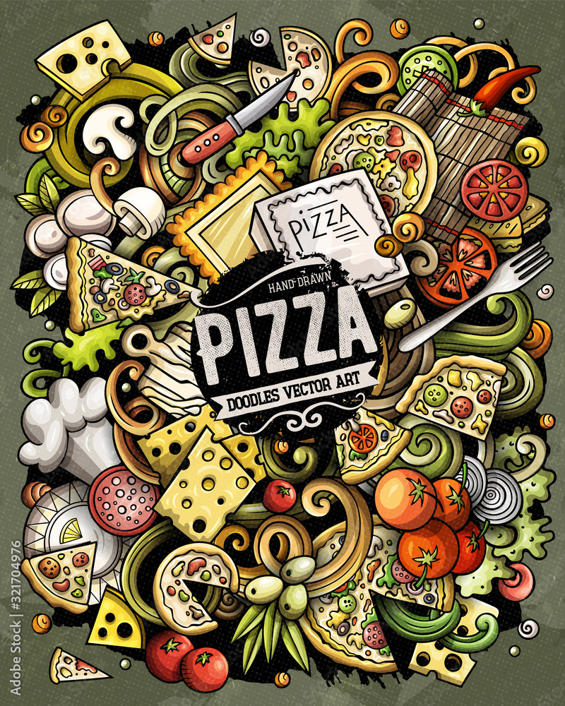 Cartoon vector doodles Pizza illustration. pizzeria funny picture