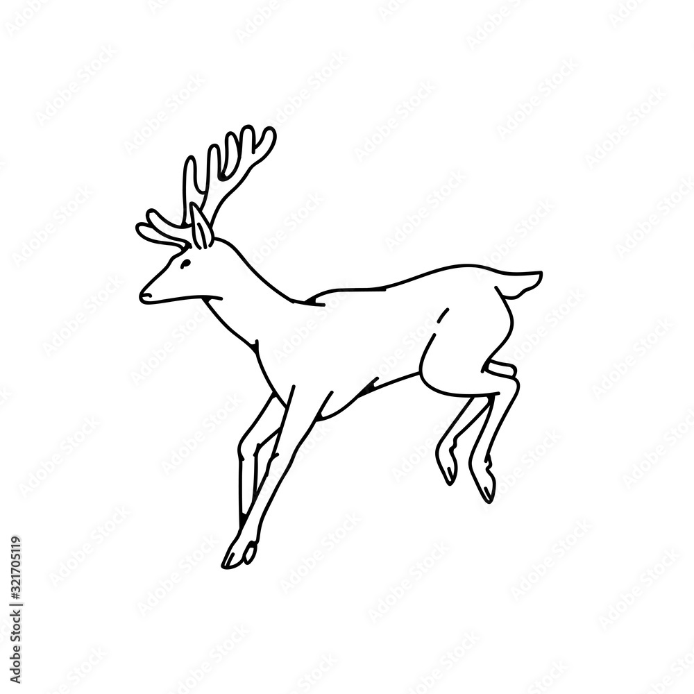 Wild deer male buck with horns jumped view profile vector outline black white sketch illustration.