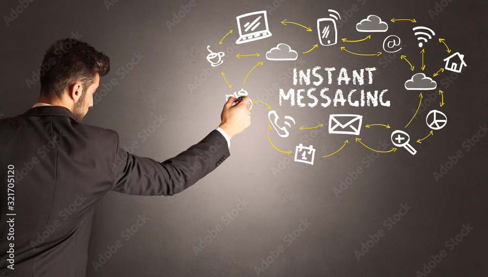 businessman drawing social media icons with INSTANT MESSAGING inscription, new media concept businessman drawing social media icons with INSTANT MESSAGING inscription, new media concept