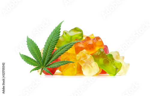 Gummy Bear Medical Marijuana Edibles, Candies Infused with CBD or THC, with Cannabis Leaf Isolated on White Background