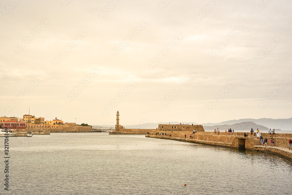 Chania, Crete, Greece. May 20: famous venetian harbour bay waterfront of Chania old town, Crete, Greece