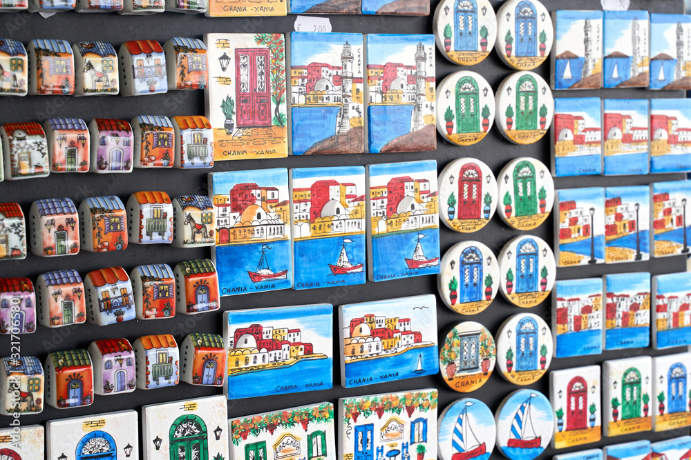 Fototapeta premium Chania, Crete, Greece. May 20: ceramic fridge souvenirs in Chania old town, Crete, Greece