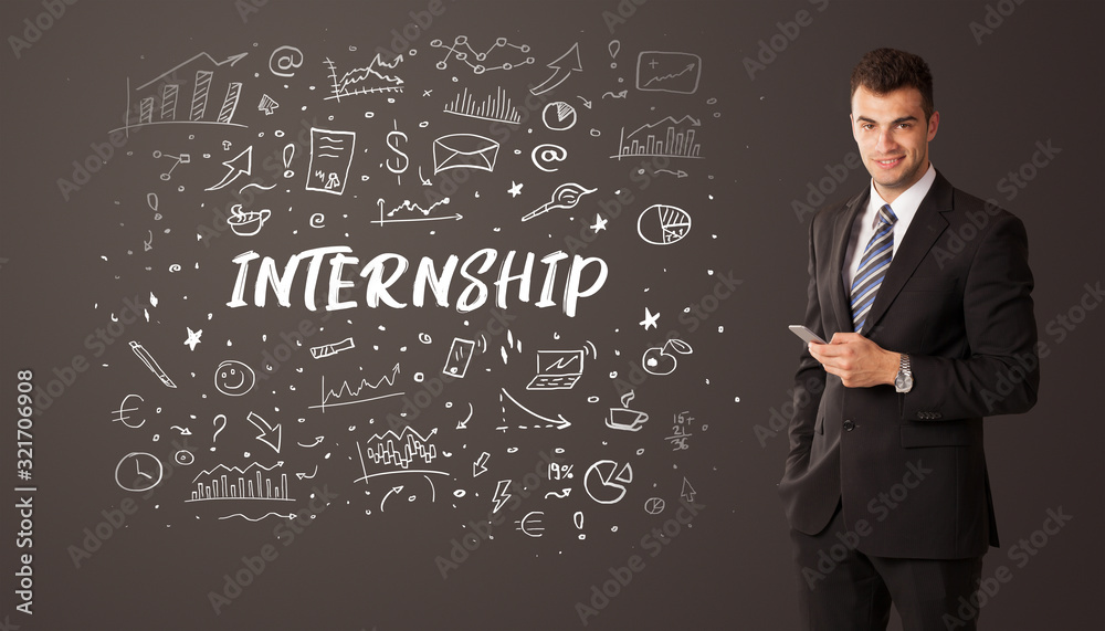 Businessman thinking with INTERNSHIP inscription, business education concept