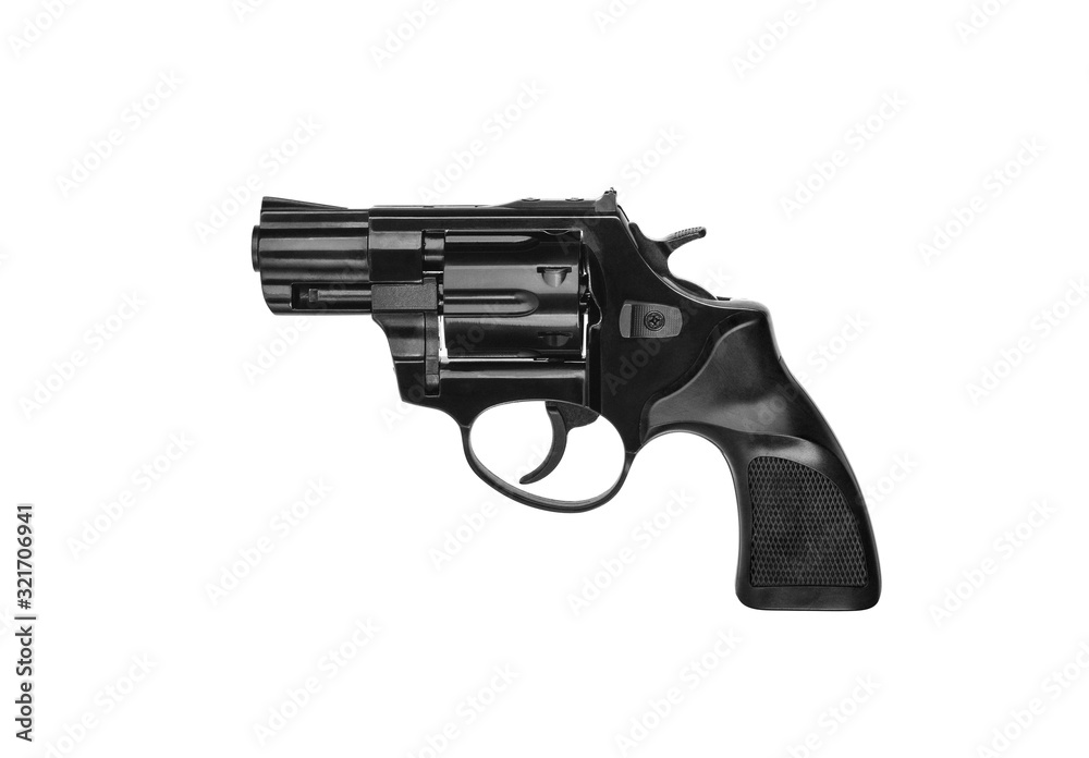 Small black gun revolver isolate on white background. Pocket pistol for self-defense. Ladies' revolver. Spy Weapon.