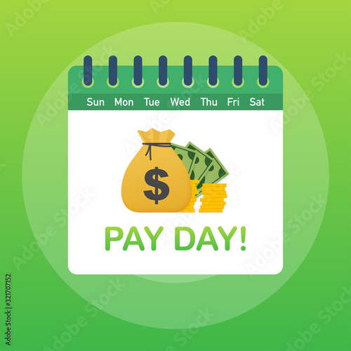 Pay day poster with bag of money and gold coins. Vector stock illustration