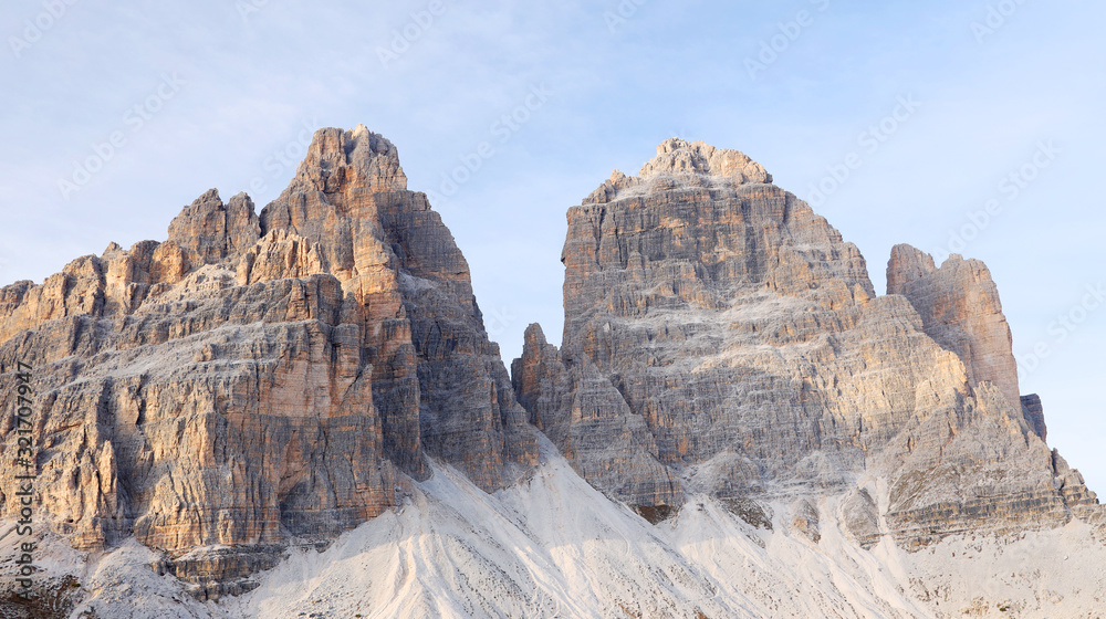 Fototapeta premium Tre Cime (Three Peaks) di Lavaredo (Drei Zinnen) , are three of the most famous peaks of the Dolomites, in the Sesto Dolomites, Italy, Europe